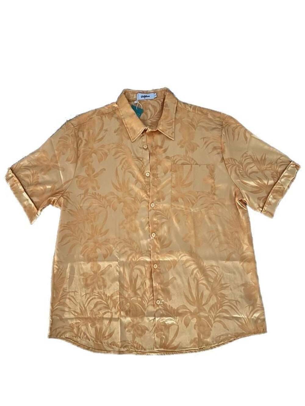 Men's Floral Jacquard Short Sleeve Button Down Satin Shirt in Gold